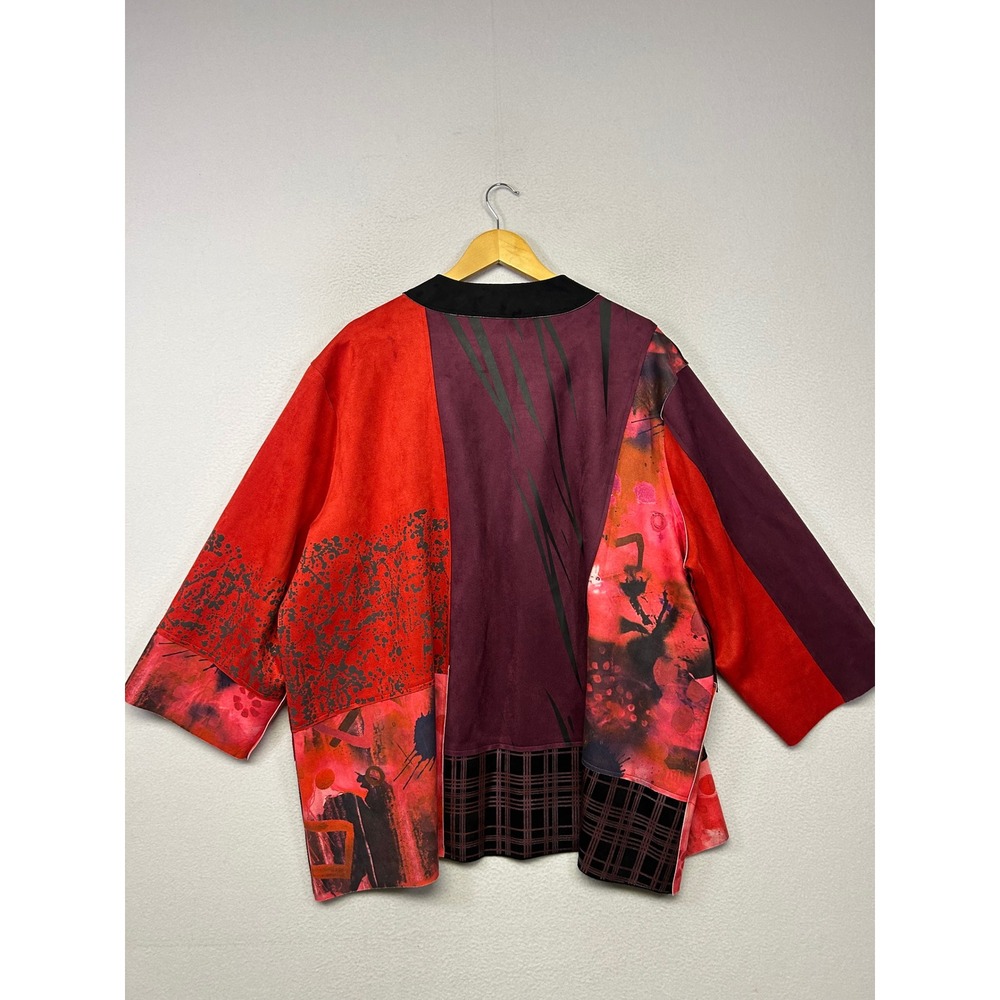 Artistic Lagenlook Ali Miles Womens 3X Red Mixed Print Open Front Jacket Travel - Picture 2 of 11